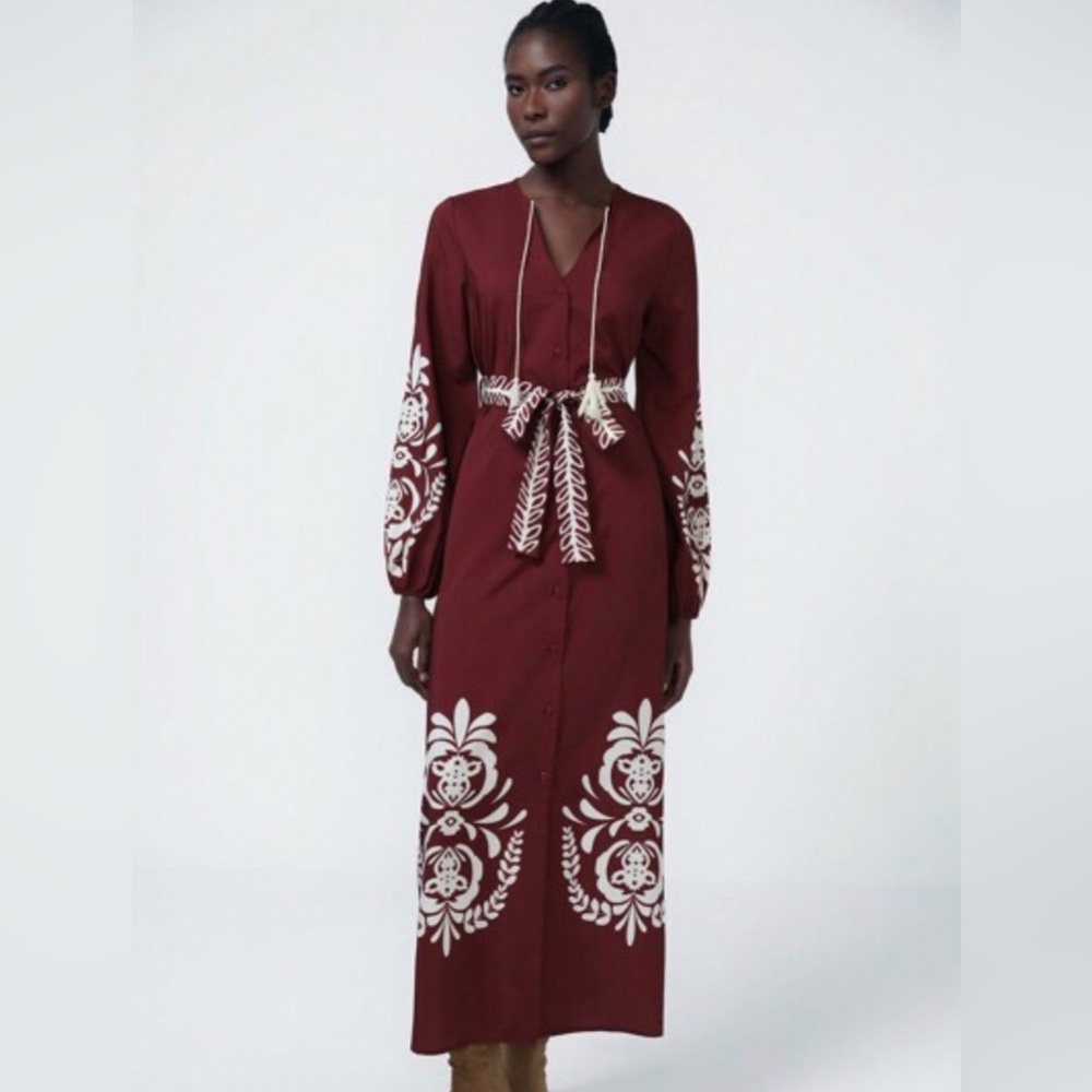 Women’s Burgundy Maxi Dress with Cream Prints